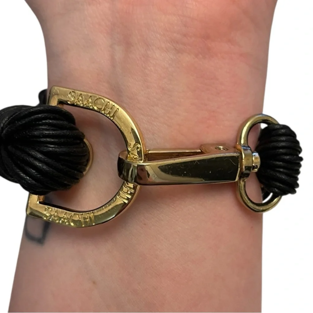SAACHI Black & Gold Multi-Strand Bracelet - Black Cord with Gold Tube Beads